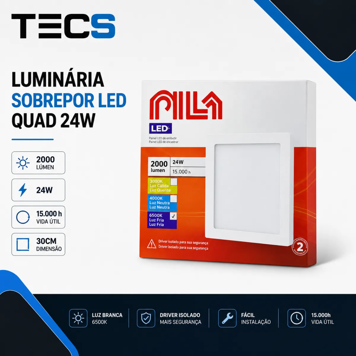 Luminária sobrepor LED quad 24W 6500K bivolt 2000lm BC DL052 30cm S - Pila
